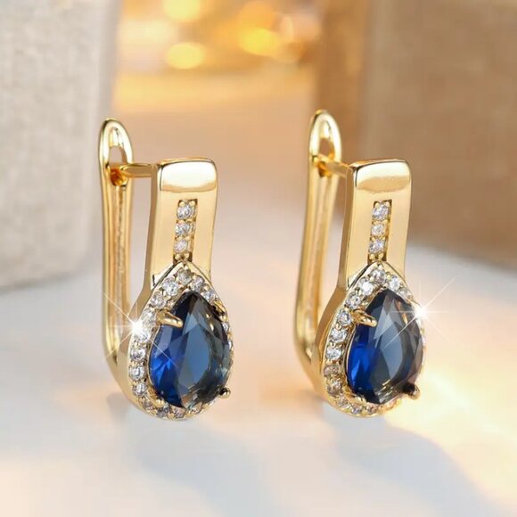 Jewelry - 14K Gold Womens 2ct Blue Sapphire Gemstone 1ct Diamond Drop Earrings New Jewelry